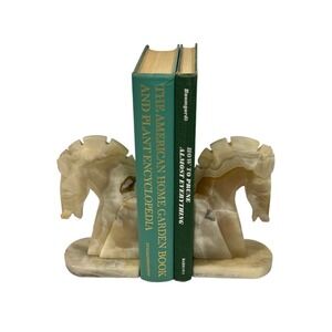 Italian Alabaster Stone Horse Head Bookends Trojan Mid Century Modern Champagne